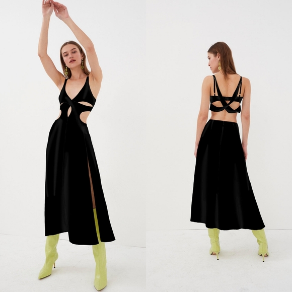 For Love And Lemons Medium Yori Midi Slit Black Cross Back Crepe Cutout Dress - Picture 1 of 10